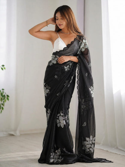 Elegant Black Organza Saree with Silver Floral Embroidery & Scalloped Border