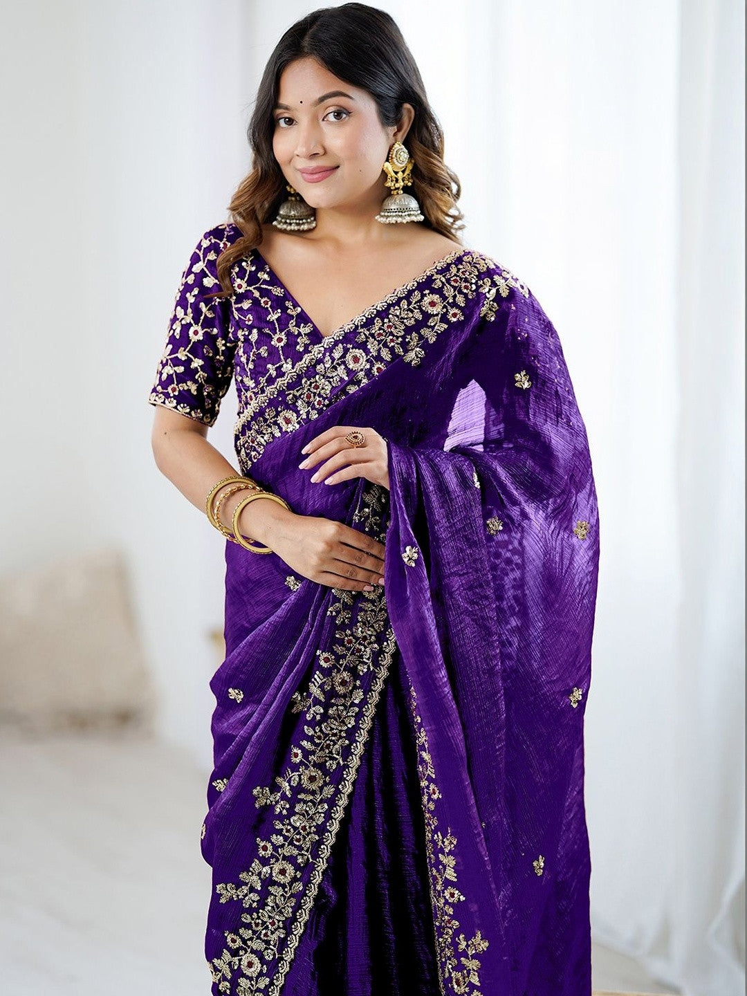 Royal Purple Embroidered Silk Blend Saree with Designer Blouse