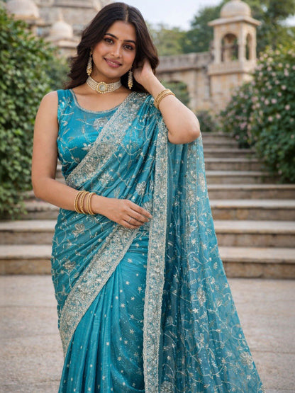 Women Sea Green Embroidered Festive Partywear Sarees
