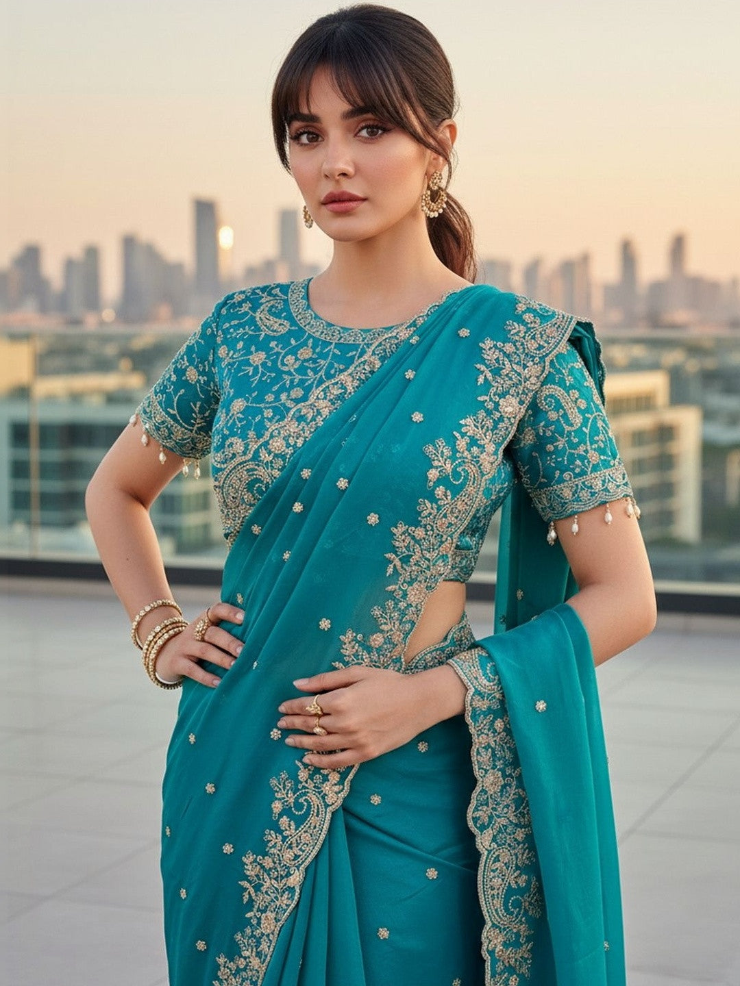 Teal Blue Embroidered Georgette Saree with Designer Border