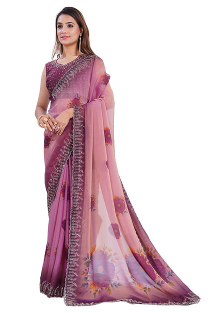 Blush Pink Floral Printed Designer Saree with Embellished Border