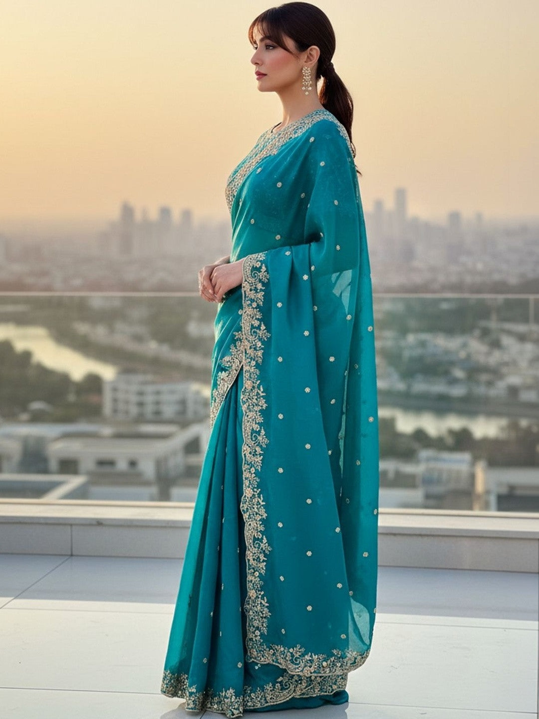 Teal Blue Embroidered Georgette Saree with Designer Border
