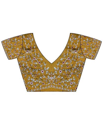 Mustard Yellow Embroidered Designer Saree with Floral Work Blouse