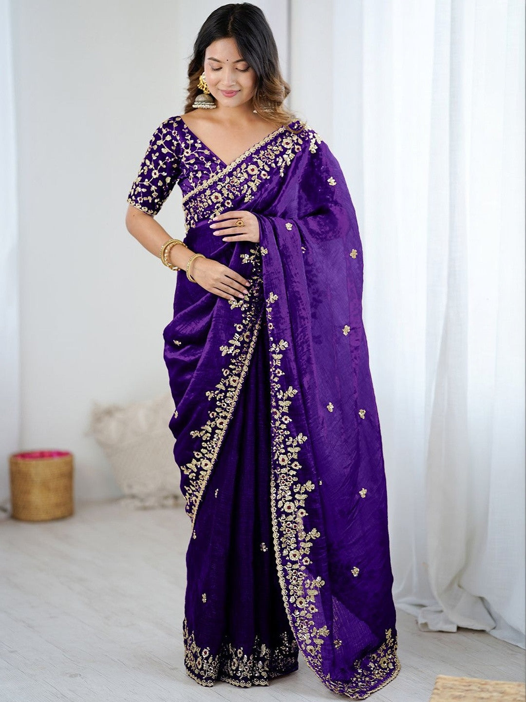 Royal Purple Embroidered Silk Blend Saree with Designer Blouse