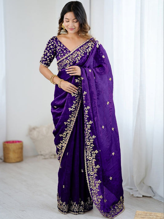 Royal Purple Embroidered Silk Blend Saree with Designer Blouse
