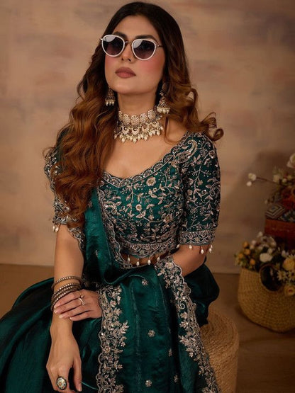 Emerald Green Embroidered Party Wear Saree with Designer Blouse