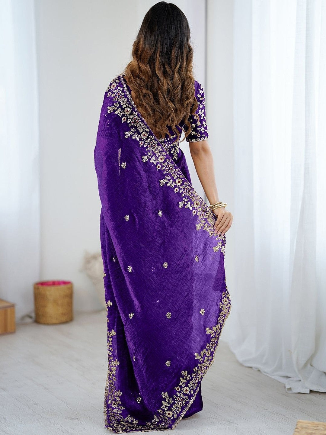 Royal Purple Embroidered Silk Blend Saree with Designer Blouse