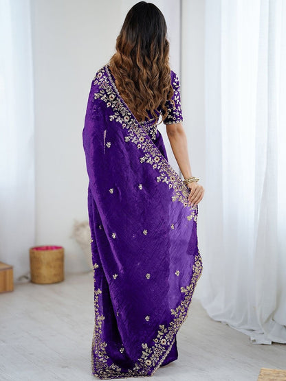 Royal Purple Embroidered Silk Blend Saree with Designer Blouse