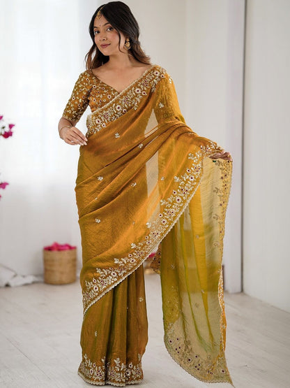 Mustard Yellow Embroidered Designer Saree with Floral Work Blouse