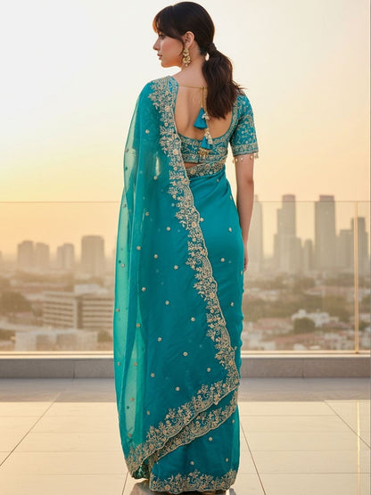 Teal Blue Embroidered Georgette Saree with Designer Border